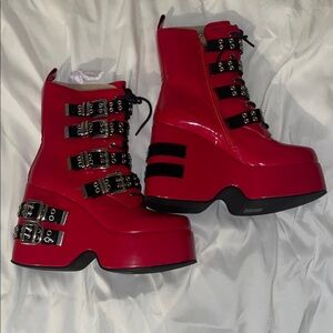 Bold Red Platform Buckle Boots